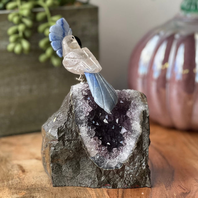 6" Clear Quartz & Blue Aventurine Carved Bird on Amethyst Geode from Brazil - Magick Magick.com