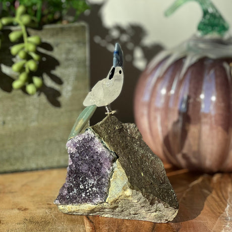 6" Clear Quartz, Green Aventurine & Blue Aventurine Carved Bird on Amethyst Geode from Brazil - Magick Magick.com