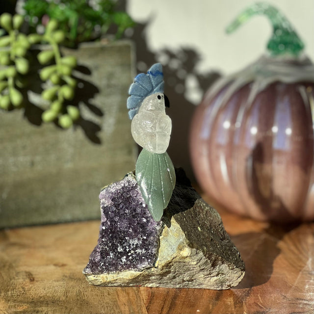 6" Clear Quartz, Green Aventurine & Blue Aventurine Carved Bird on Amethyst Geode from Brazil - Magick Magick.com