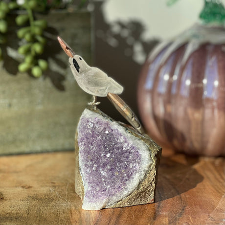 6" Clear Quartz & Sunstone Carved Bird on Amethyst Geode from Brazil - Magick Magick.com