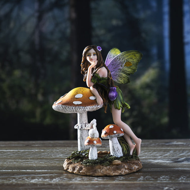 6" Fairy Statue - Mushroom Fairy with Bunny - Magick Magick.com