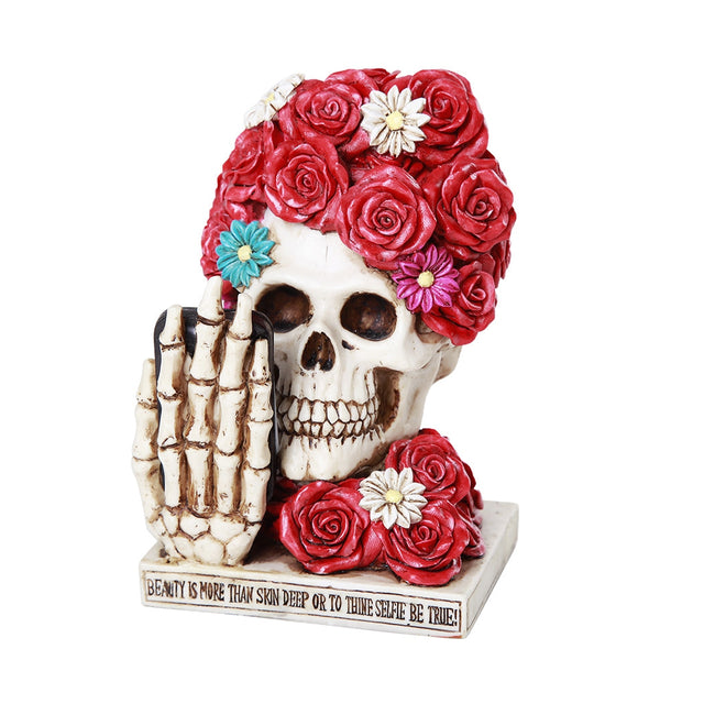 6" Floral Rose Selfie Skull with Phone Statue - Magick Magick.com