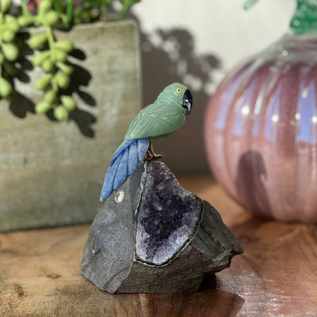 6" Green Aventurine & Blue Aventurine Carved Bird on Amethyst Geode from Brazil - Magick Magick.com