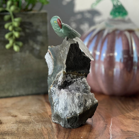 6" Green Aventurine & Clear Quartz Carved Bird on Amethyst Geode from Brazil - Magick Magick.com