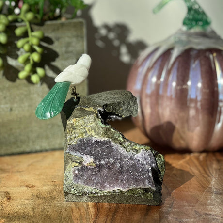 6" Green Aventurine & White Aventurine Carved Bird on Amethyst Geode from Brazil - Magick Magick.com