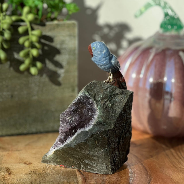 6" Jasper & Blue Aventurine Carved Bird on Amethyst Geode from Brazil - Magick Magick.com