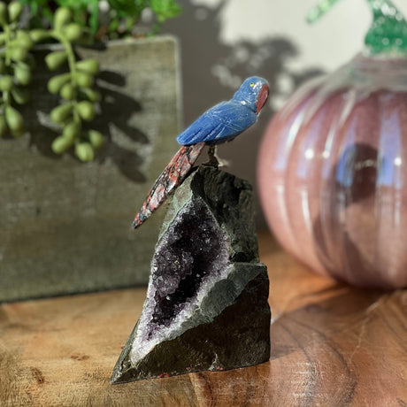 6" Jasper & Blue Aventurine Carved Bird on Amethyst Geode from Brazil - Magick Magick.com