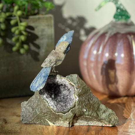 6" Labradorite & Blue Aventurine Carved Bird on Amethyst Geode from Brazil - Magick Magick.com