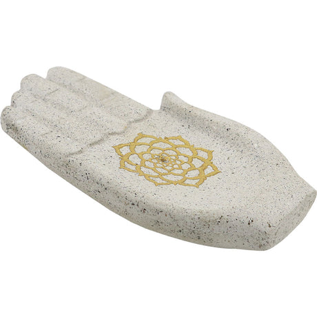 6" Recycled Resin Stick Incense Holder - Hand with Gold Lotus - Magick Magick.com