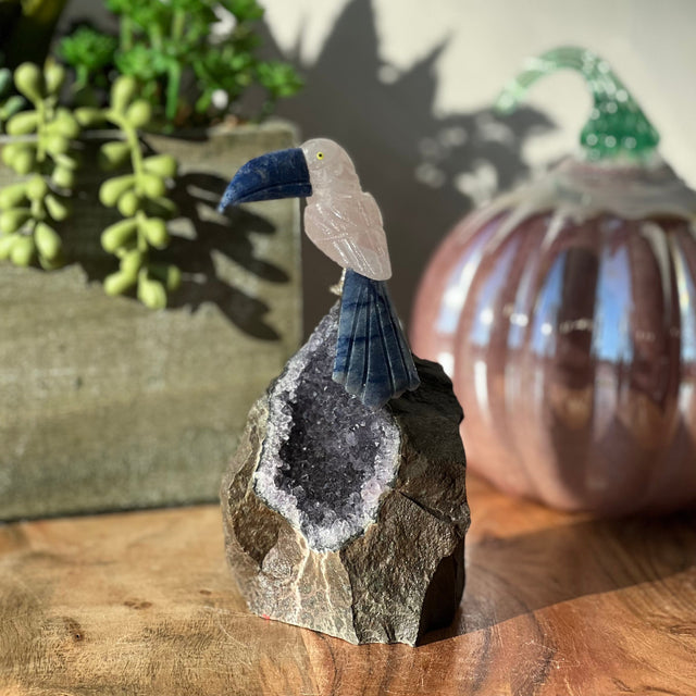 6" Rose Quartz & Blue Aventurine Carved Bird on Amethyst Geode from Brazil - Magick Magick.com