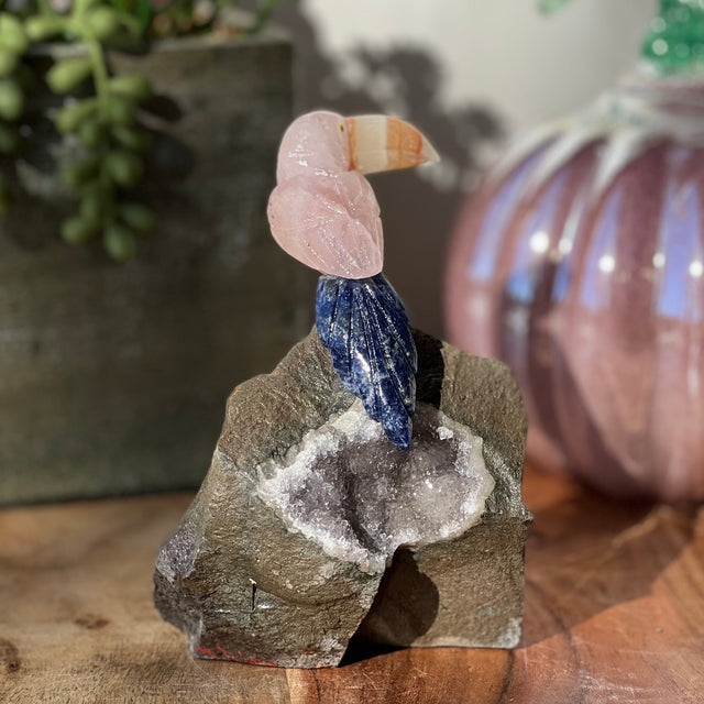 6" Rose Quartz, Sodalite & Sunstone Carved Bird on Amethyst Geode from Brazil - Magick Magick.com