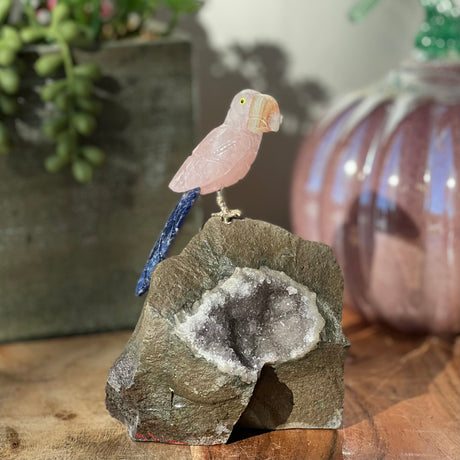 6" Rose Quartz, Sodalite & Sunstone Carved Bird on Amethyst Geode from Brazil - Magick Magick.com