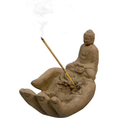 6" Volcanic Stone Incense Holder - Hand with Buddha - Magick Magick.com