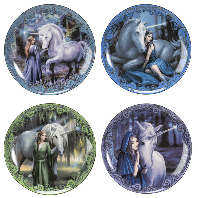 7" Anne Stokes Dessert Plate Set - Unicorn and Maiden (Set of 4) - Magick Magick.com