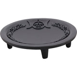 7" Cast Iron Offering Plate Incense Holder - Triple Moon with Pentacle - Magick Magick.com