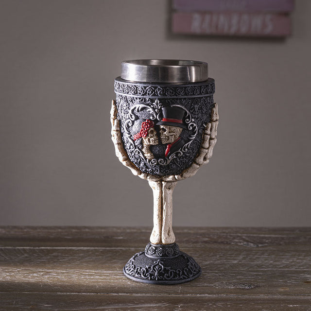 7" Resin & Stainless Steel Chalice / Goblet - Skeleton Couple - Magick Magick.com