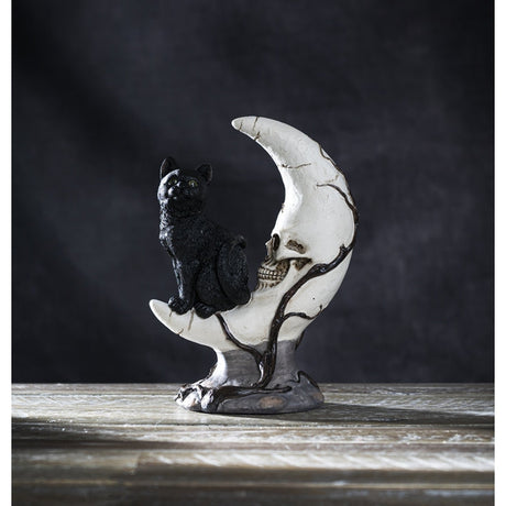 7.2" Black Cat on Moon Skull Statue - Magick Magick.com