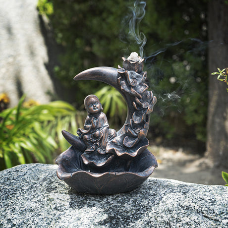 7.25" Monk with Lotus Moon Backflow Incense Burner - Magick Magick.com