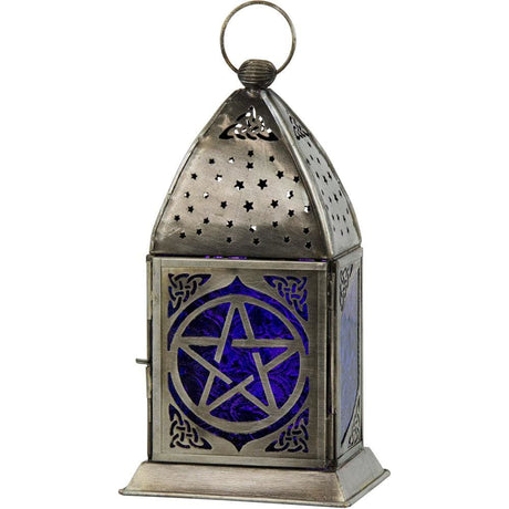 7.5" Glass & Metal Lantern - Pentacle Cobalt & Purple - Magick Magick.com