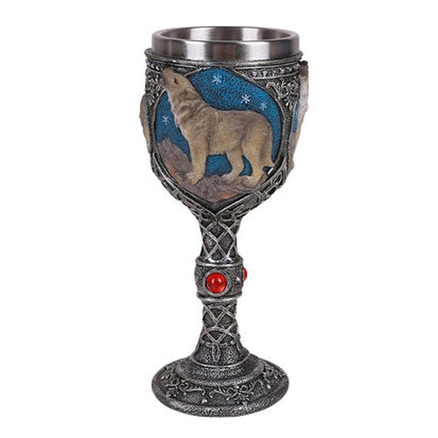 7.5" Resin & Stainless Steel Chalice / Goblet - Grey Wolf - Magick Magick.com