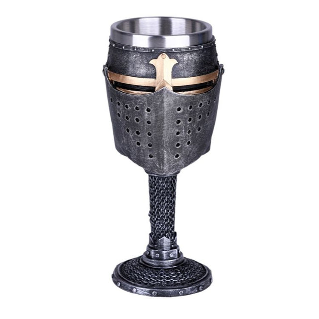 7.5" Resin & Stainless Steel Chalice / Goblet - Knight Helmet - Magick Magick.com