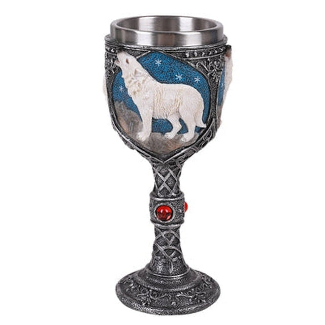 7.5" Resin & Stainless Steel Chalice / Goblet - White Wolf - Magick Magick.com