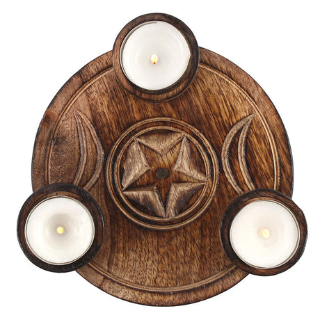 7.5" Triple Moon Wood Multi Tealight Candle Holder - Magick Magick.com
