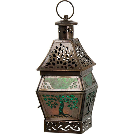 8" Glass & Metal Lantern - Tree of Life Green - Magick Magick.com