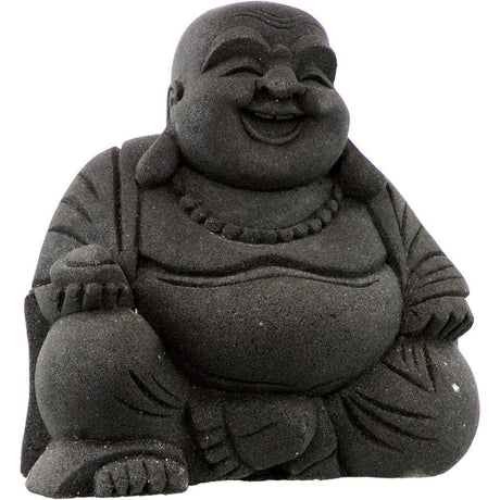 8" Volcanic Stone Statue - Happy Buddha - Black - Magick Magick.com