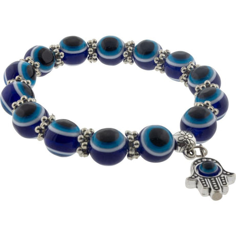 8 mm Elastic Bracelet - Evil Eye Protection Cobalt Blue & Aqua with Fatima Hand - Magick Magick.com