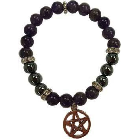 8 mm Elastic Bracelet Round Beads - Amethyst, Hematite with Pentagram - Magick Magick.com
