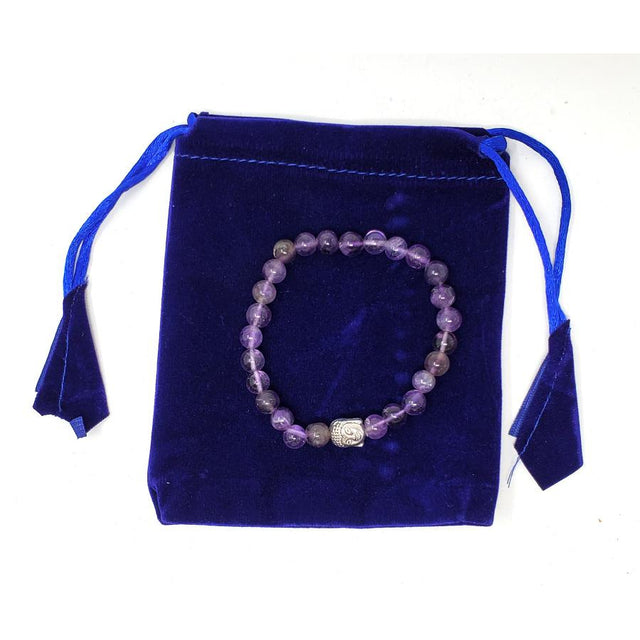 8 mm Elastic Bracelet Round Beads - Amethyst with Buddha Head in Velvet Bag - Magick Magick.com