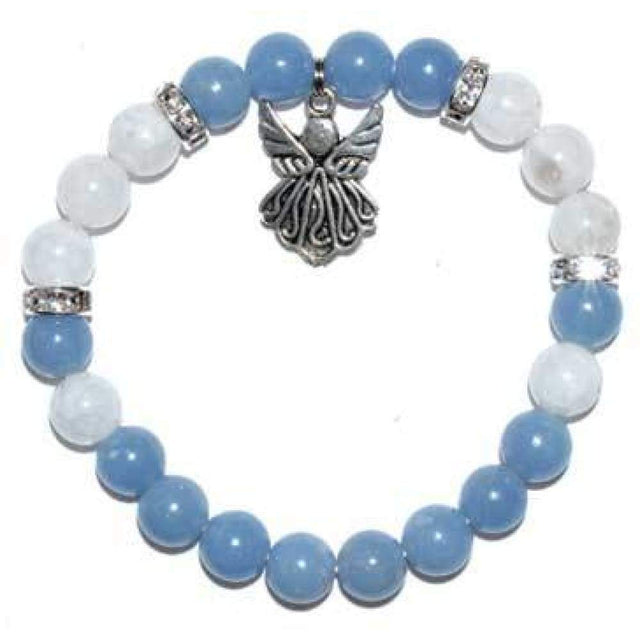 8 mm Elastic Bracelet Round Beads - Angelite & Rainbow Moonstone with Angel - Magick Magick.com