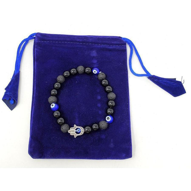 8 mm Elastic Bracelet Round Beads - Evil Eye & Lava with Hamsa Bead in Velvet Bag - Magick Magick.com