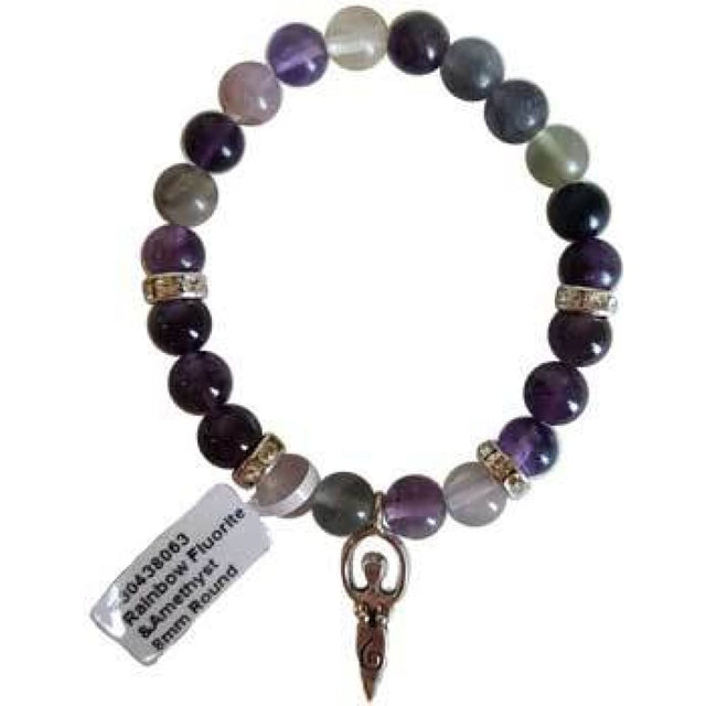 8 mm Elastic Bracelet Round Beads - Fluorite, Amethyst with Goddess - Magick Magick.com