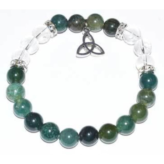 8 mm Elastic Bracelet Round Beads - Green Moss Agate, Quartz with Triquetra - Magick Magick.com