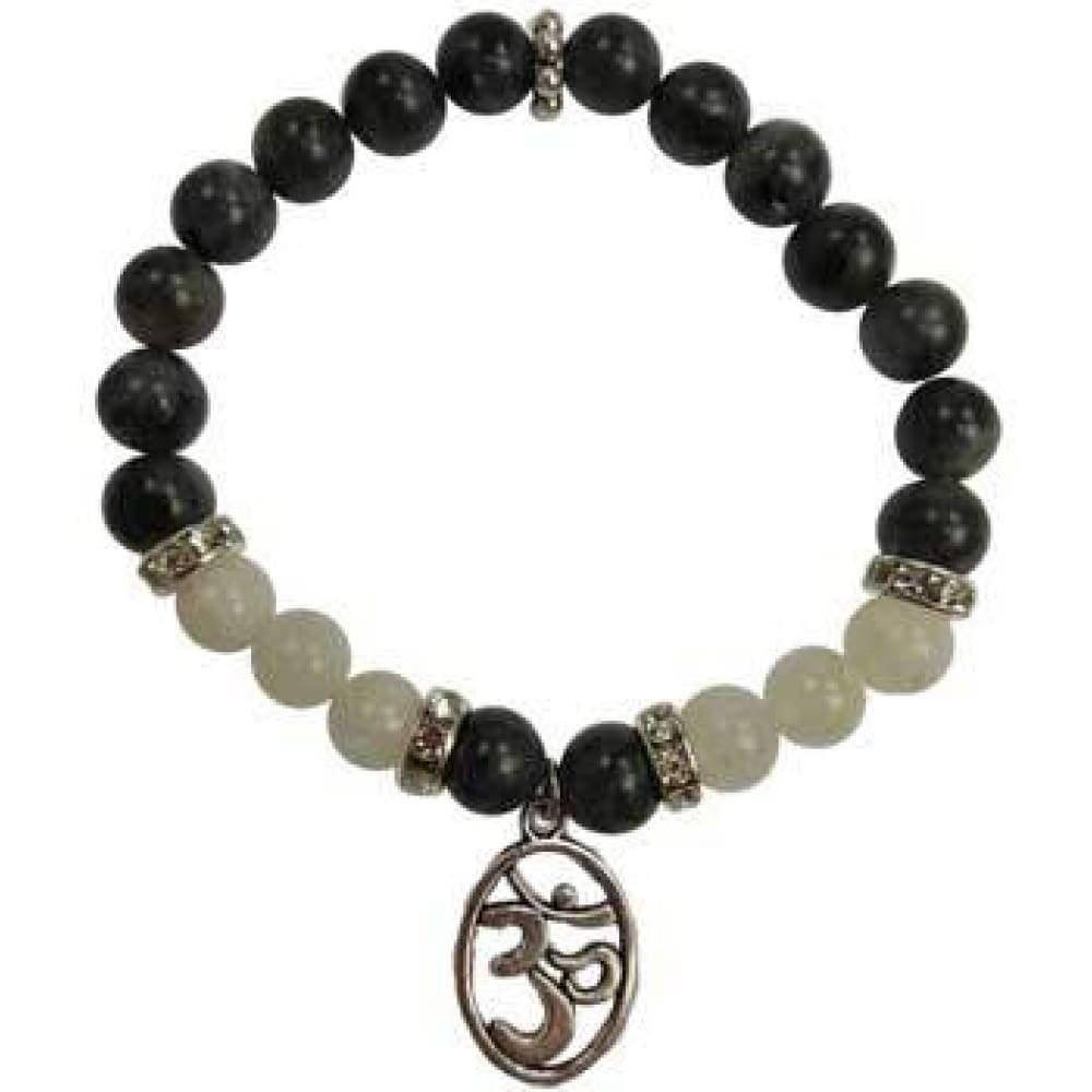 8 mm Elastic Bracelet Round Beads - Labradorite, Rainbow Moonstone with Om - Magick Magick.com