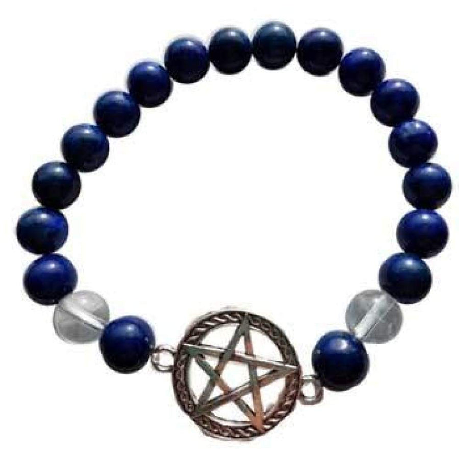8 mm Elastic Bracelet Round Beads - Lapis, Quartz with Pentagram - Magick Magick.com
