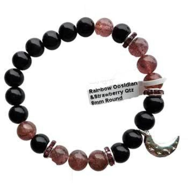 8 mm Elastic Bracelet Round Beads - Rainbow Obsidian, Strawberry Quartz with Moon - Magick Magick.com