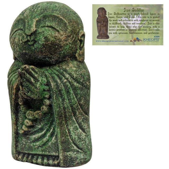 8.25" Volcanic Stone Statue - Praying Jizo Buddah - Green - Magick Magick.com