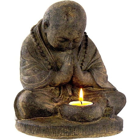 8.25" Volcanic Stone Statue Tealight Holder - Praying Monk - Magick Magick.com