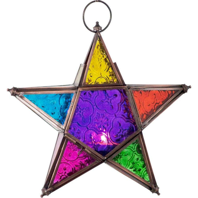 8.5" Glass & Metal Lantern - 5 Point Star Multi Color - Magick Magick.com