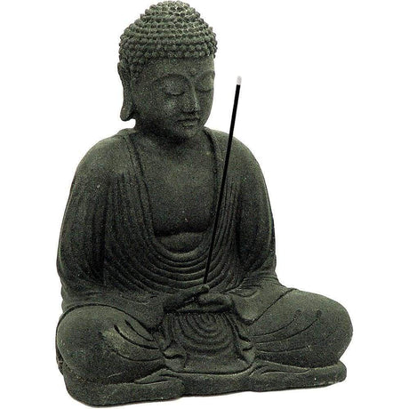 8.5" Volcanic Stone Statue Incense Holder - Meditating Buddha - Black - Magick Magick.com