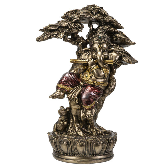 9" Hindu Statue - Ganesha Playing Music Under Tree - Magick Magick.com