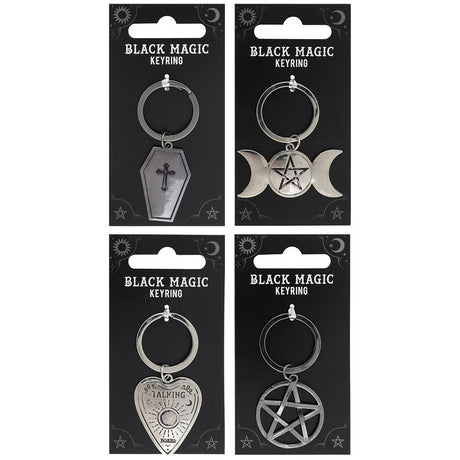 Black Magic Key Chains - Coffin, Triple Moon, Pentacle, Planchette (4 Piece Set) - Magick Magick.com