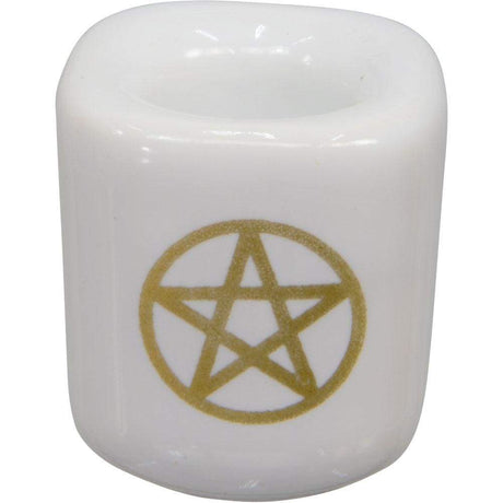 Ceramic Chime Candle Holder - White with Gold Pentacle - Magick Magick.com