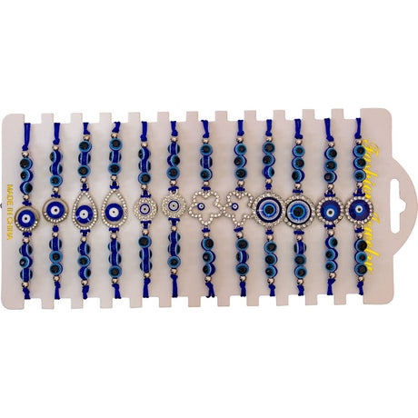 Evil Eye with Gems Adjustable Bracelets - Blue with Beads (Assorted Pack of 12) - Magick Magick.com