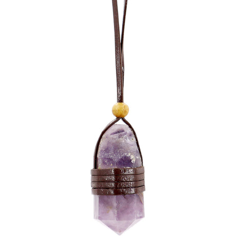 Faceted Point Leather Wrapped Necklace - Amethyst - Magick Magick.com