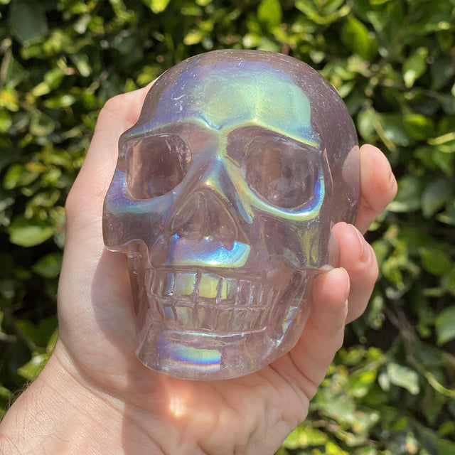 Natural Angel Aura Fluorite Hand Carved Skull - 2.54 lbs (4.5 x 3 x 3.5 inches) - Magick Magick.com