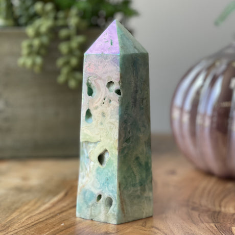 Natural Aura Blue Aragonite Hand Carved Crystal Point Obelisk with Druzy - 1.8 lbs (6 x 2 inch) - Magick Magick.com